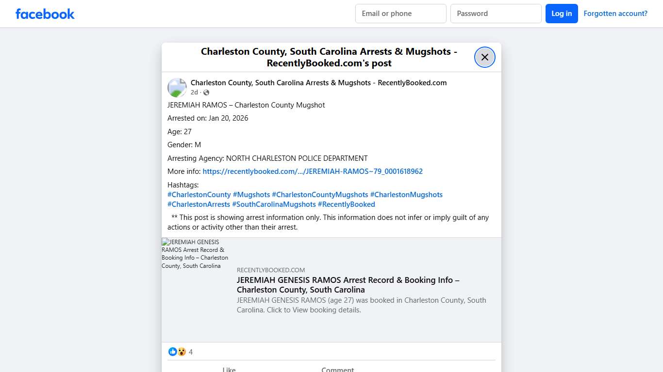 JEREMIAH RAMOS – Charleston County Mugshot Arrested on: Jan 20, 2026 Age: 27 Gender: M Arresting Agency: NORTH CHARLESTON POLICE DEPARTMENT More info: https://recentlybooked.com/SC/Charleston/JEREMIAH-RAMOS~79_0001618962 Hashtags: #CharlestonCounty #Mugshots #CharlestonCountyMugshots #CharlestonMugshots #CharlestonArrests #SouthCarolinaMugshots #RecentlyBooked ** This post is showing arrest information only. This information does not infer or imply guilt of any actions or activity other... - Cha
